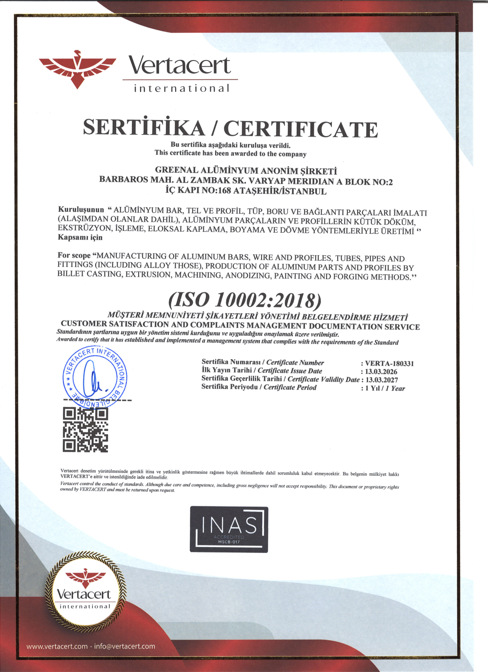 ISO 10002:2018 sertifikası