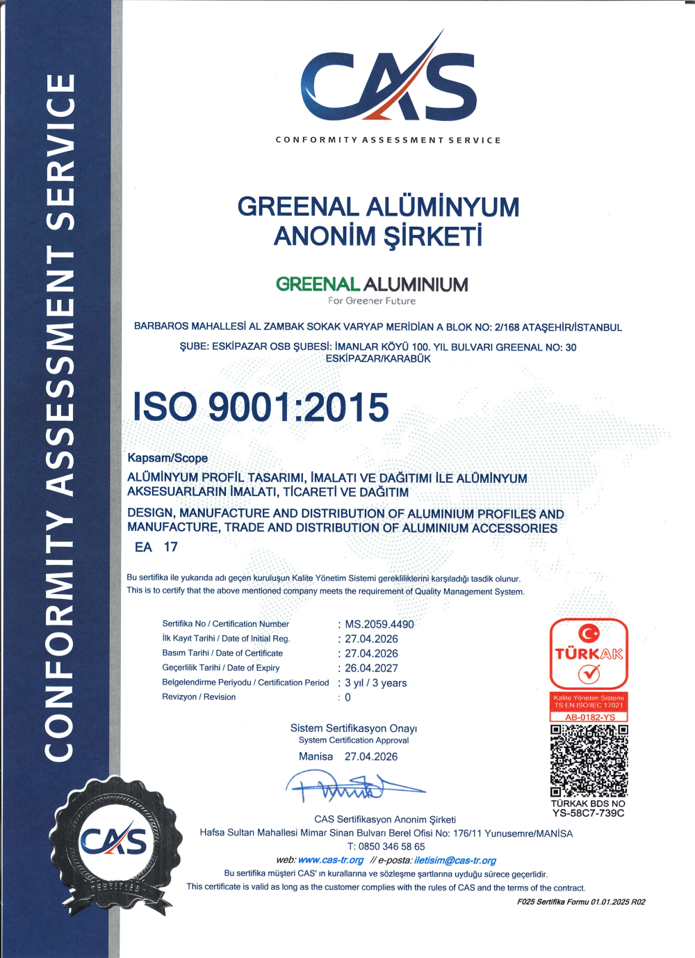 ISO 9001:2015 sertifikası