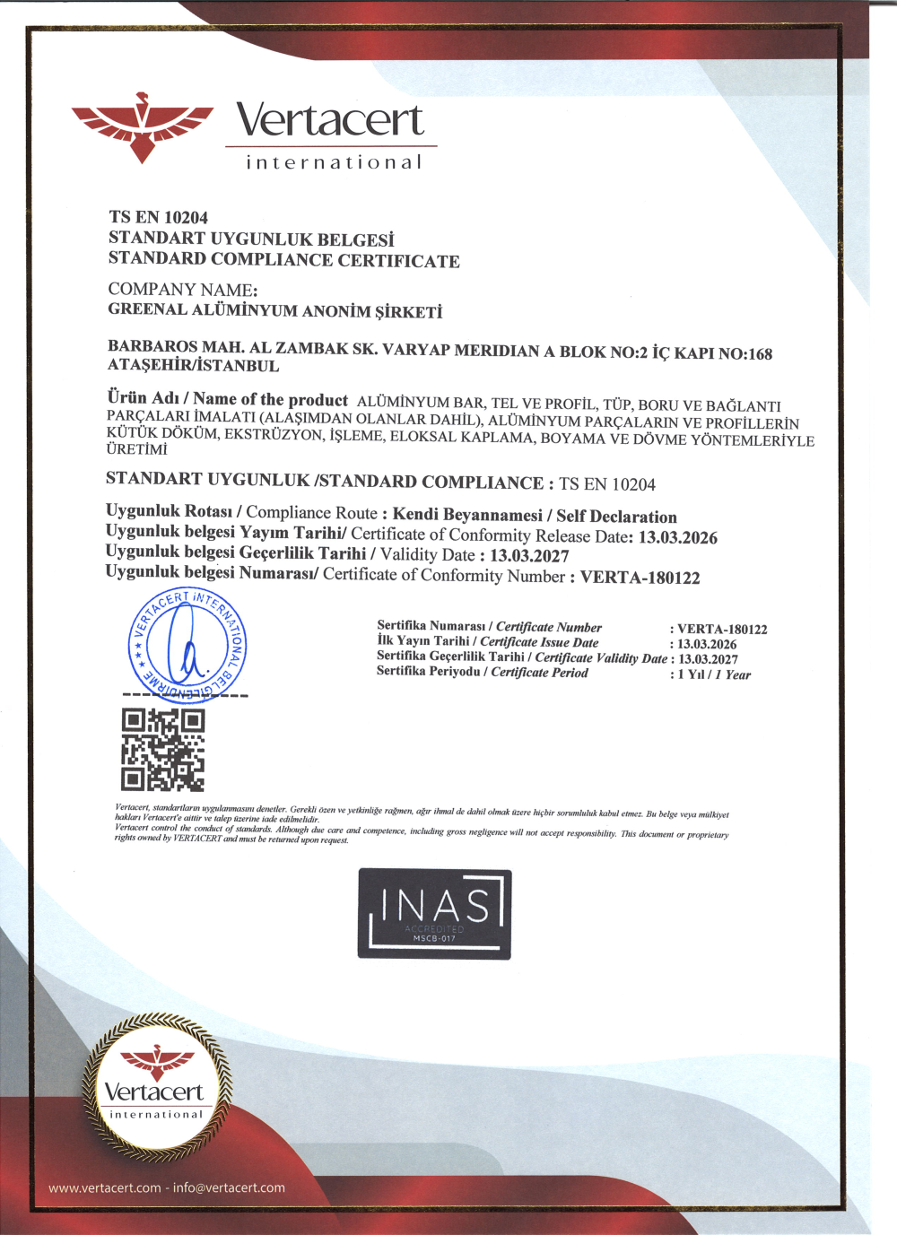 TS EN 10204 standart uygunluk belgesi